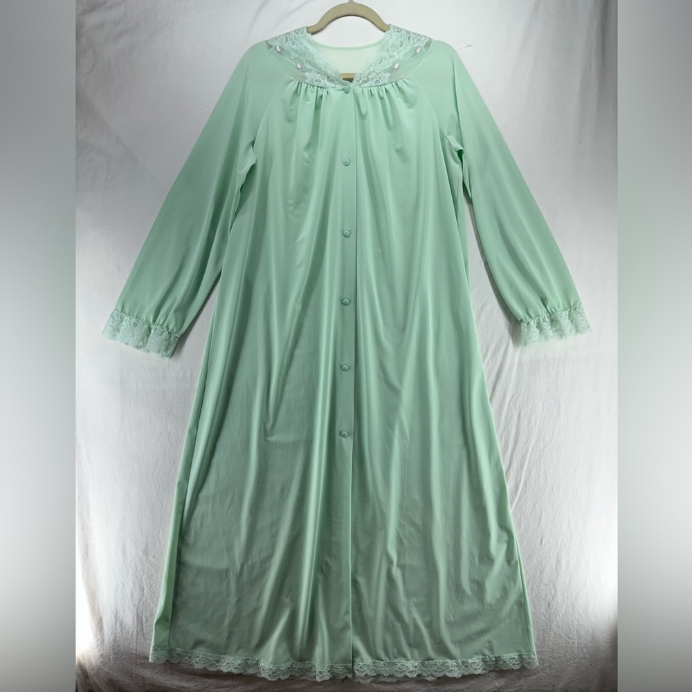 Vintage‎ Shadowline Mint Green Lace Trim Long Sleeve Button Front Nightgown S